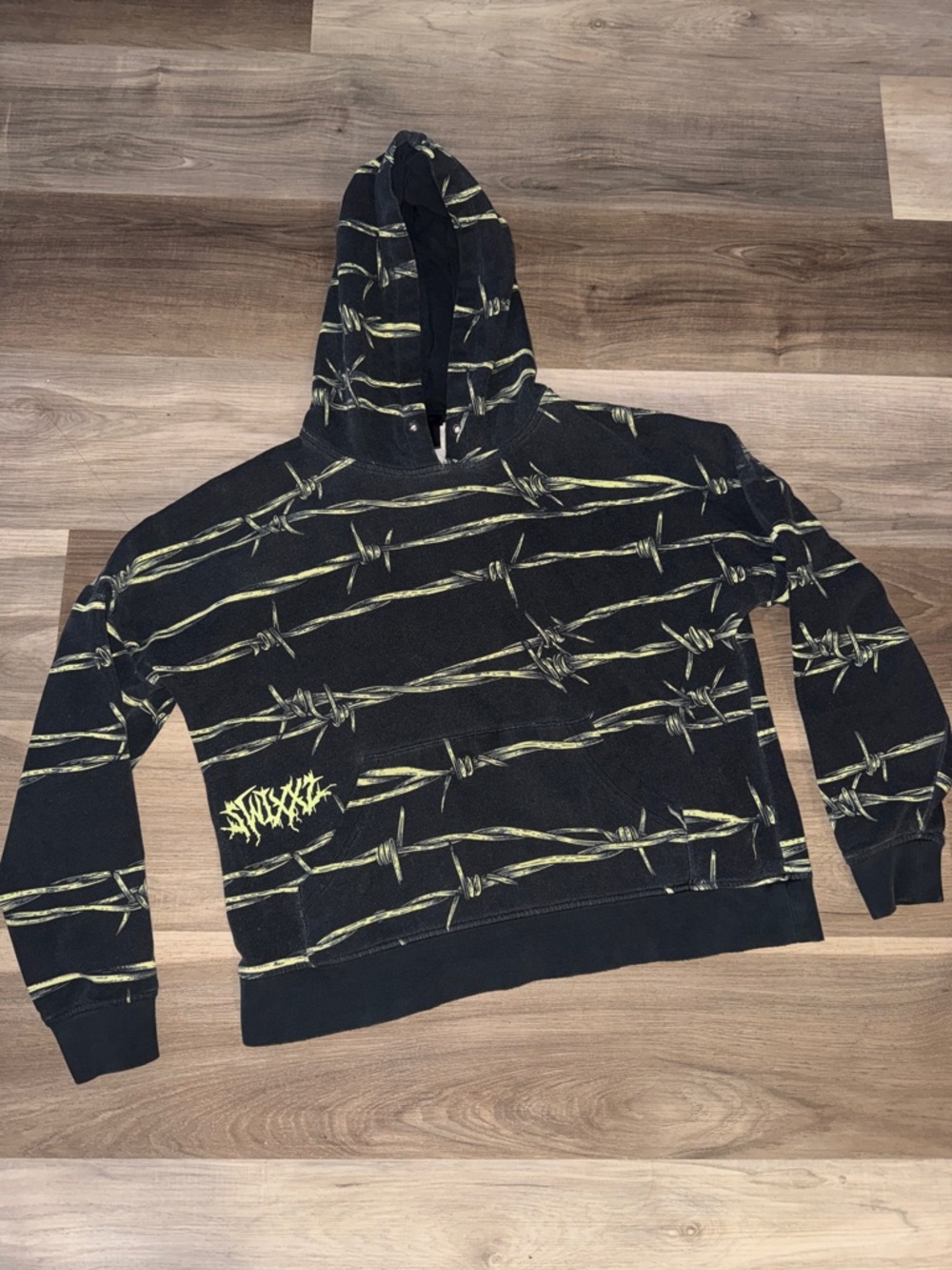 Black Crewneck Hoodie Sweater with Yellow Barbed Wire Graphic
